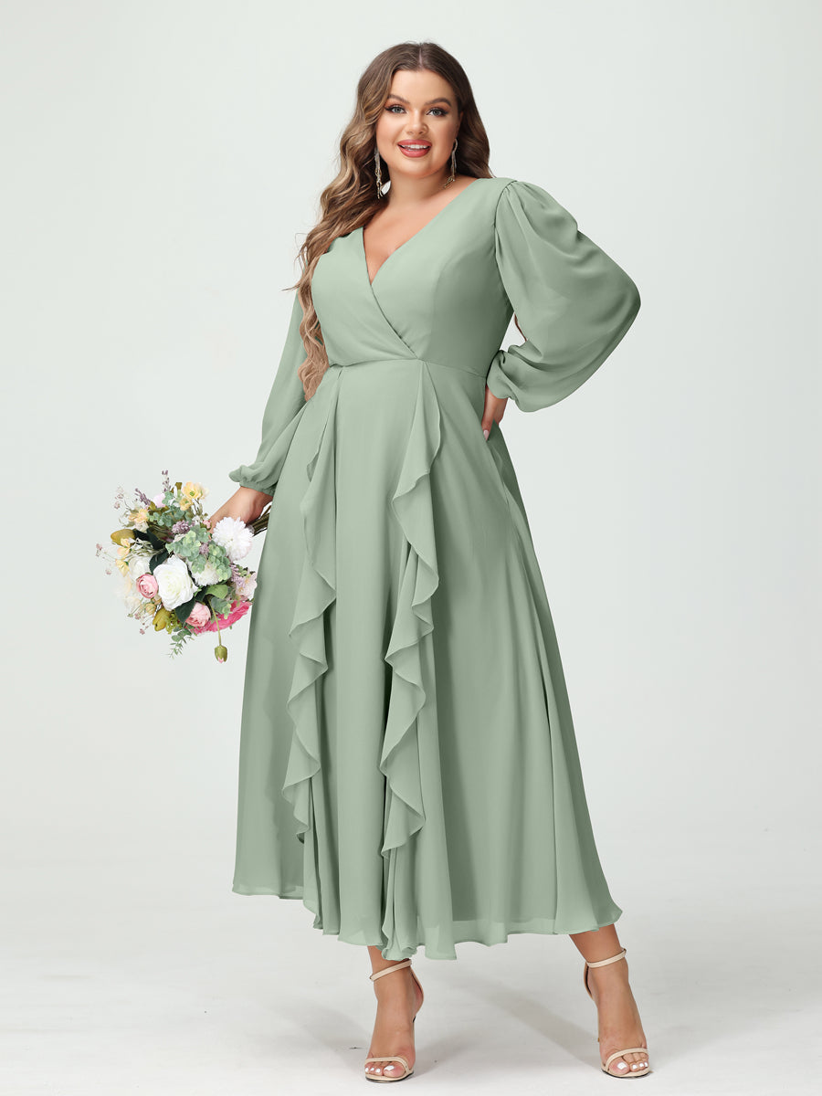 Plus Size Chiffon Bridesmaid Dress with V-Neck, Long Sleeves, and A-Line Princess Silhouette in Tea-Length Featuring Pockets & Ruffles-BMbridal.UK