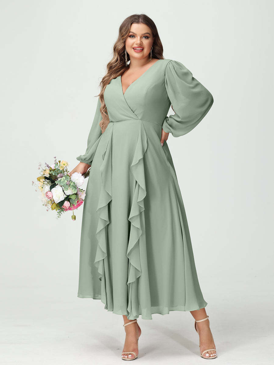 Plus Size Chiffon Bridesmaid Dress with V-Neck, Long Sleeves, and A-Line Princess Silhouette in Tea-Length Featuring Pockets & Ruffles-BMbridal.UK