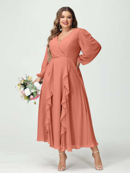 Plus Size Chiffon Bridesmaid Dress with V-Neck, Long Sleeves, and A-Line Princess Silhouette in Tea-Length Featuring Pockets & Ruffles-BMbridal.UK