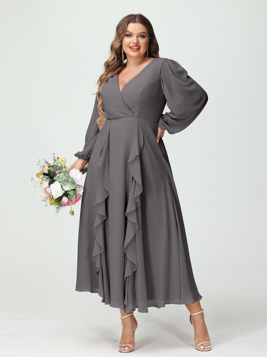 Plus Size Chiffon Bridesmaid Dress with V-Neck, Long Sleeves, and A-Line Princess Silhouette in Tea-Length Featuring Pockets & Ruffles-BMbridal.UK
