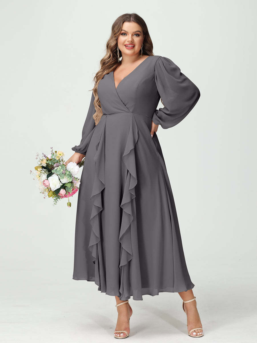 Plus Size Chiffon Bridesmaid Dress with V-Neck, Long Sleeves, and A-Line Princess Silhouette in Tea-Length Featuring Pockets & Ruffles-BMbridal.UK