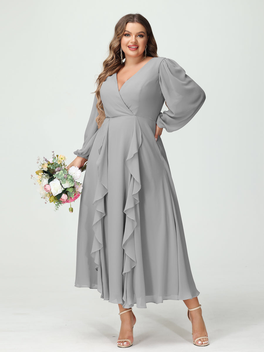 Plus Size Chiffon Bridesmaid Dress with V-Neck, Long Sleeves, and A-Line Princess Silhouette in Tea-Length Featuring Pockets & Ruffles-BMbridal.UK