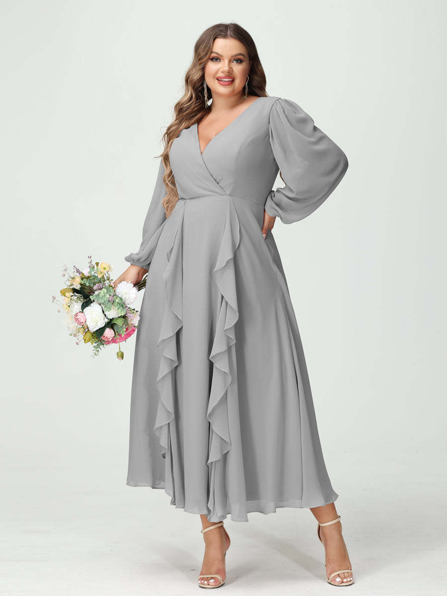 Plus Size Chiffon Bridesmaid Dress with V-Neck, Long Sleeves, and A-Line Princess Silhouette in Tea-Length Featuring Pockets & Ruffles-BMbridal.UK