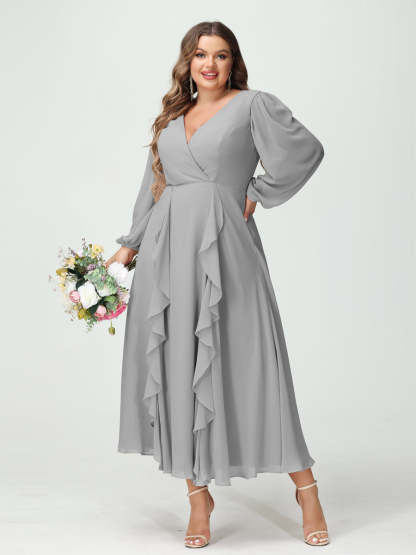 Plus Size Chiffon Bridesmaid Dress with V-Neck, Long Sleeves, and A-Line Princess Silhouette in Tea-Length Featuring Pockets & Ruffles-BMbridal.UK