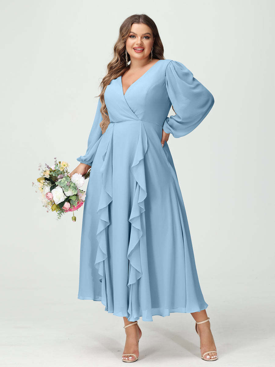 Plus Size Chiffon Bridesmaid Dress with V-Neck, Long Sleeves, and A-Line Princess Silhouette in Tea-Length Featuring Pockets & Ruffles-BMbridal.UK