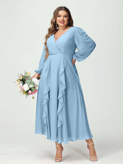 Plus Size Chiffon Bridesmaid Dress with V-Neck, Long Sleeves, and A-Line Princess Silhouette in Tea-Length Featuring Pockets & Ruffles-BMbridal.UK
