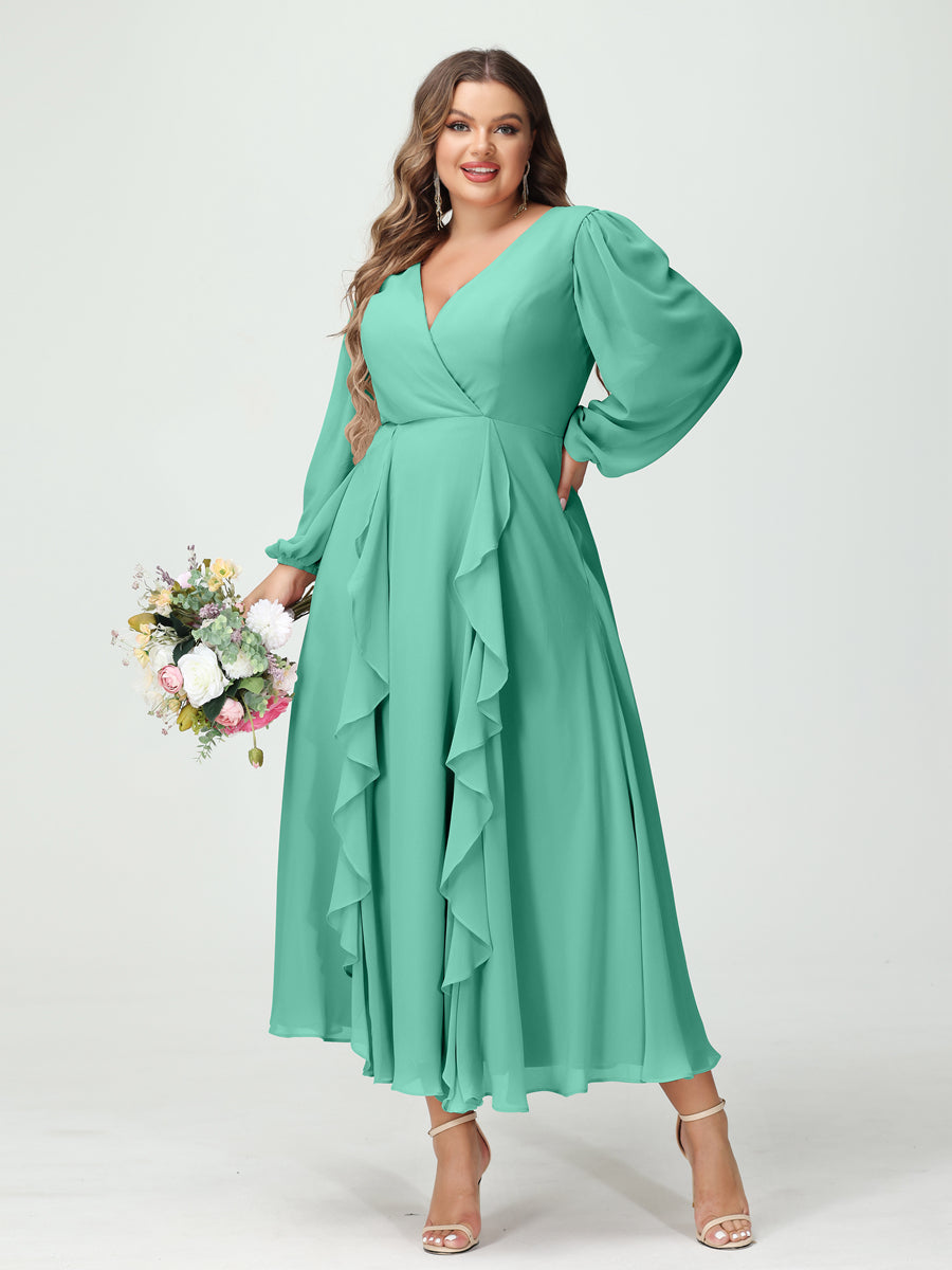 Plus Size Chiffon Bridesmaid Dress with V-Neck, Long Sleeves, and A-Line Princess Silhouette in Tea-Length Featuring Pockets & Ruffles-BMbridal.UK