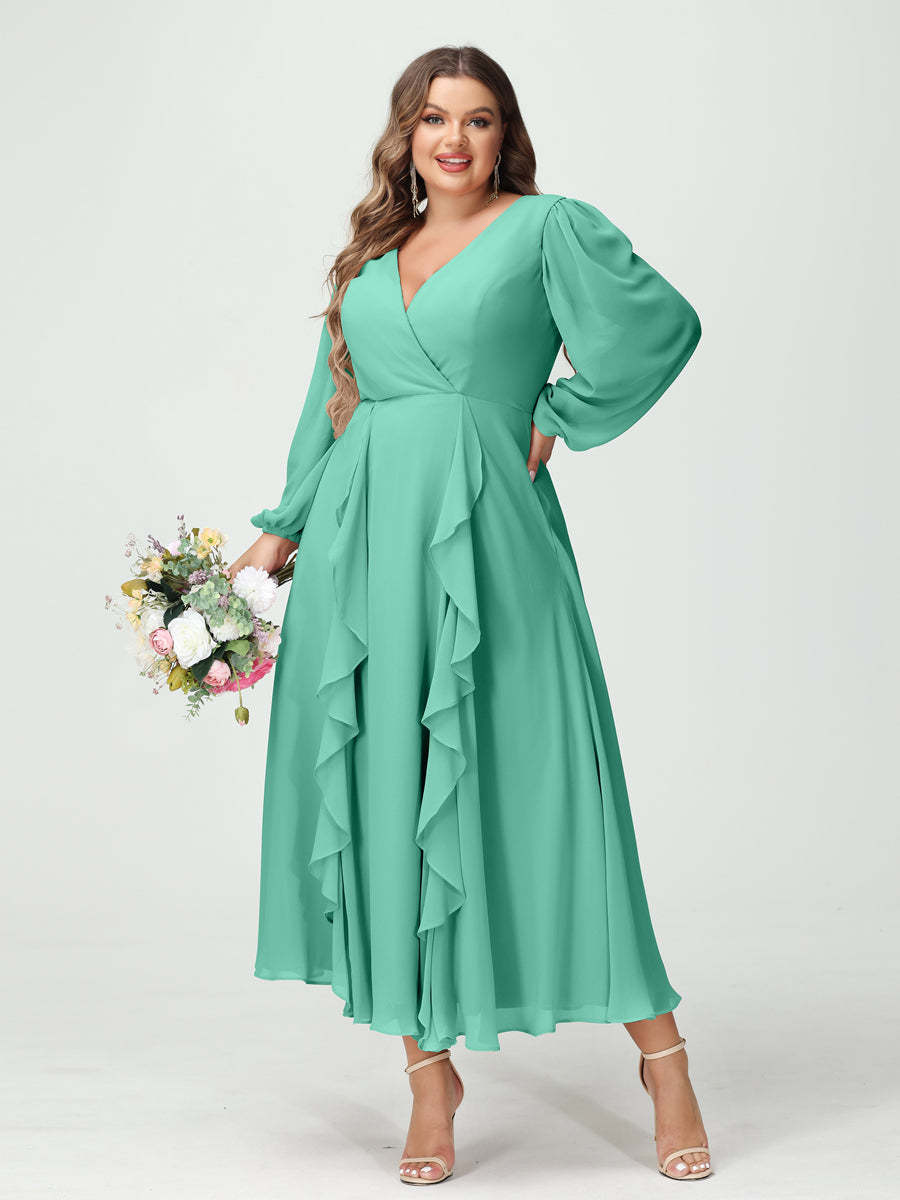 Plus Size Chiffon Bridesmaid Dress with V-Neck, Long Sleeves, and A-Line Princess Silhouette in Tea-Length Featuring Pockets & Ruffles-BMbridal.UK