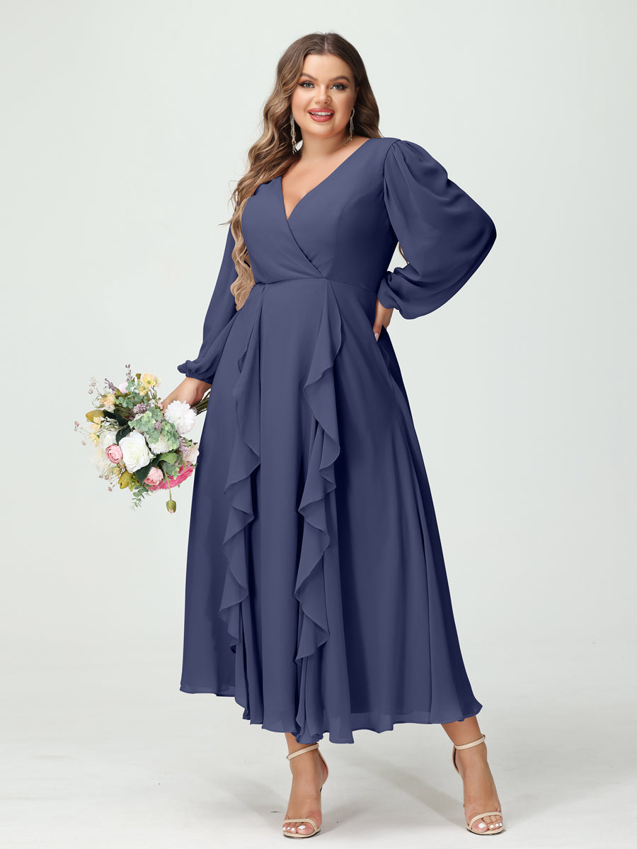 Plus Size Chiffon Bridesmaid Dress with V-Neck, Long Sleeves, and A-Line Princess Silhouette in Tea-Length Featuring Pockets & Ruffles-BMbridal.UK