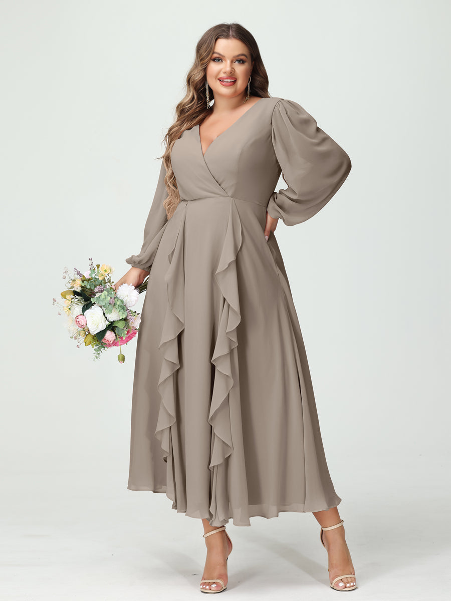 Plus Size Chiffon Bridesmaid Dress with V-Neck, Long Sleeves, and A-Line Princess Silhouette in Tea-Length Featuring Pockets & Ruffles-BMbridal.UK