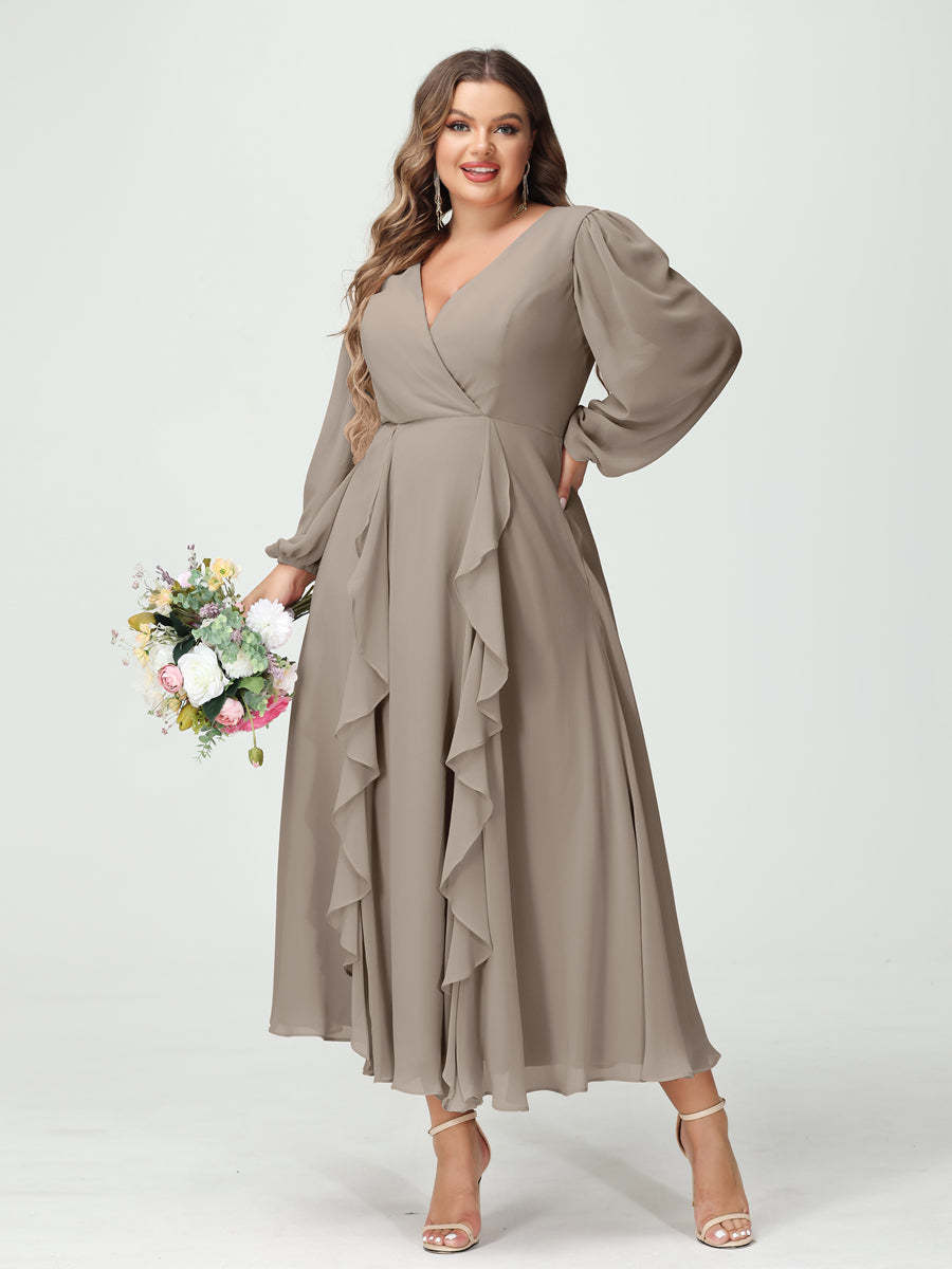 Plus Size Chiffon Bridesmaid Dress with V-Neck, Long Sleeves, and A-Line Princess Silhouette in Tea-Length Featuring Pockets & Ruffles-BMbridal.UK