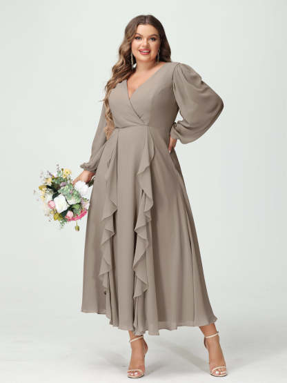 Plus Size Chiffon Bridesmaid Dress with V-Neck, Long Sleeves, and A-Line Princess Silhouette in Tea-Length Featuring Pockets & Ruffles-BMbridal.UK