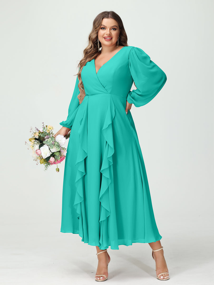 Plus Size Chiffon Bridesmaid Dress with V-Neck, Long Sleeves, and A-Line Princess Silhouette in Tea-Length Featuring Pockets & Ruffles-BMbridal.UK