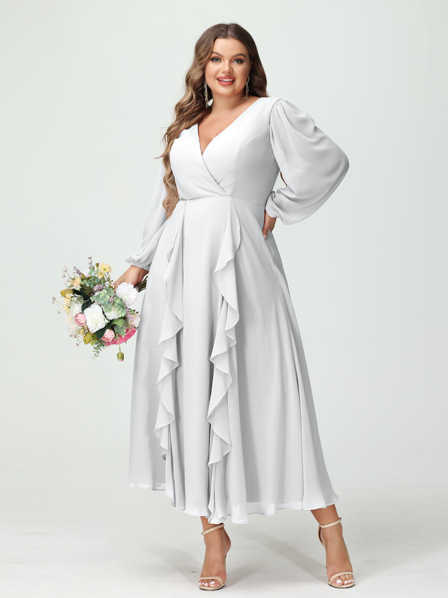 Plus Size Chiffon Bridesmaid Dress with V-Neck, Long Sleeves, and A-Line Princess Silhouette in Tea-Length Featuring Pockets & Ruffles-BMbridal.UK
