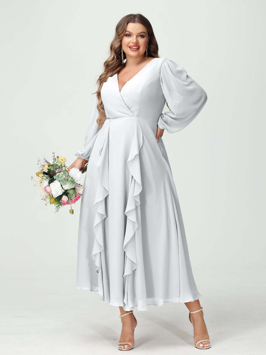 Plus Size Chiffon Bridesmaid Dress with V-Neck, Long Sleeves, and A-Line Princess Silhouette in Tea-Length Featuring Pockets & Ruffles-BMbridal.UK
