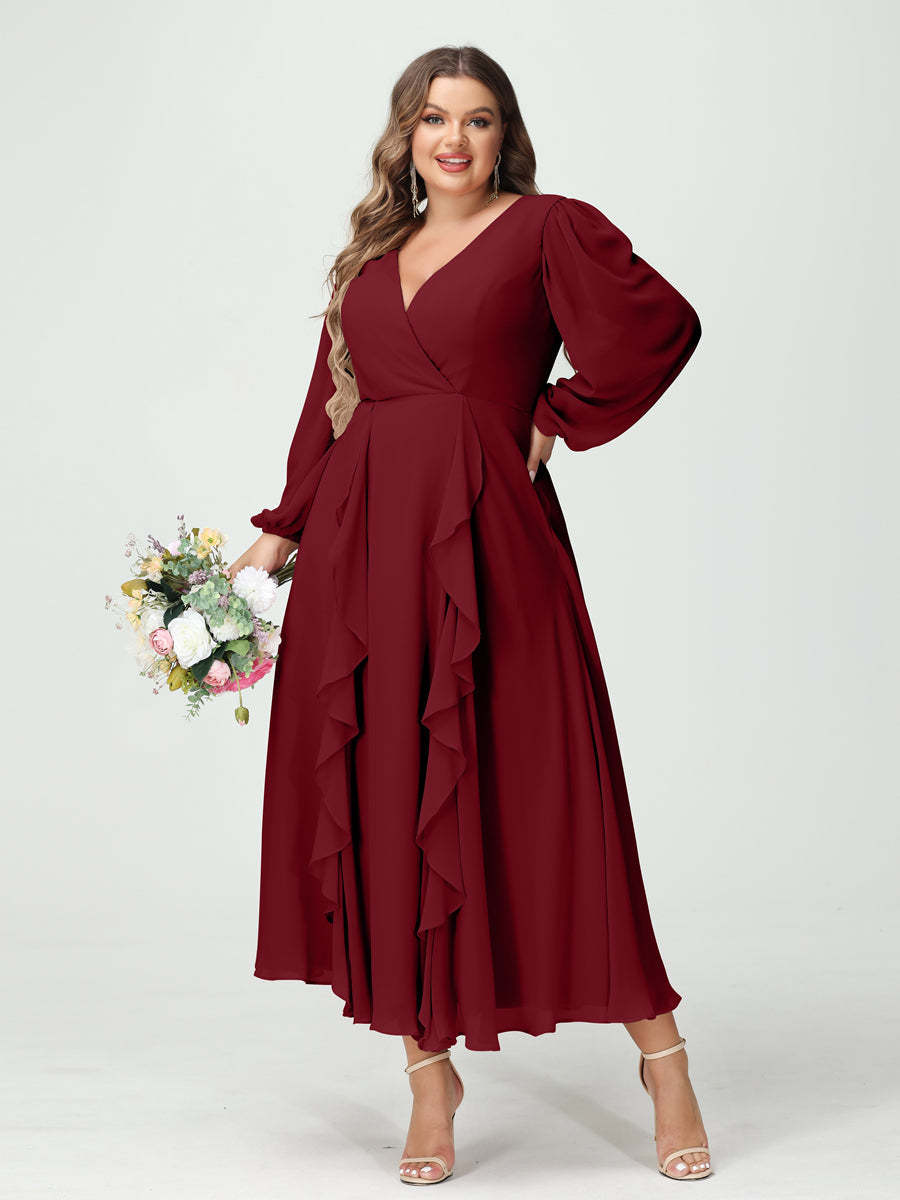 Plus Size Chiffon Bridesmaid Dress with V-Neck, Long Sleeves, and A-Line Princess Silhouette in Tea-Length Featuring Pockets & Ruffles-BMbridal.UK
