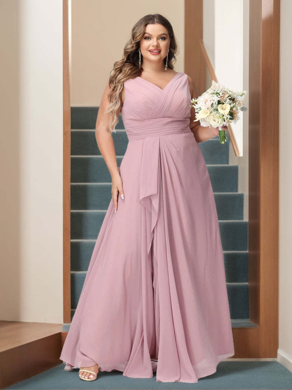 Plus Size Chiffon Bridesmaid Dress with V-Neck, Ruffles, and Pockets in A-Line/Princess Style