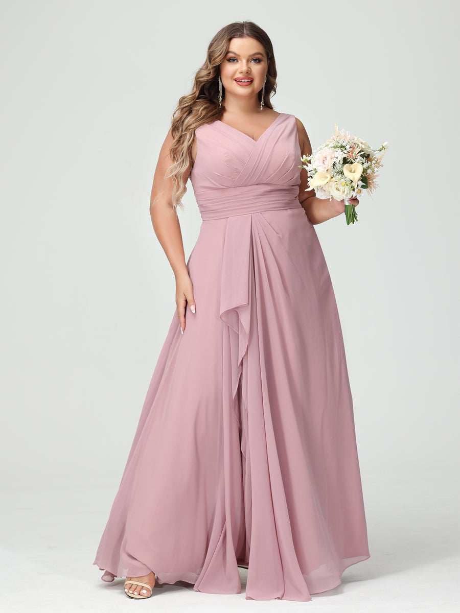 Plus Size Chiffon Bridesmaid Dress with V-Neck, Ruffles, and Pockets in A-Line/Princess Style