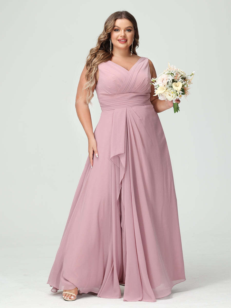 Plus Size Chiffon Bridesmaid Dress with V-Neck, Ruffles, and Pockets in A-Line/Princess Style
