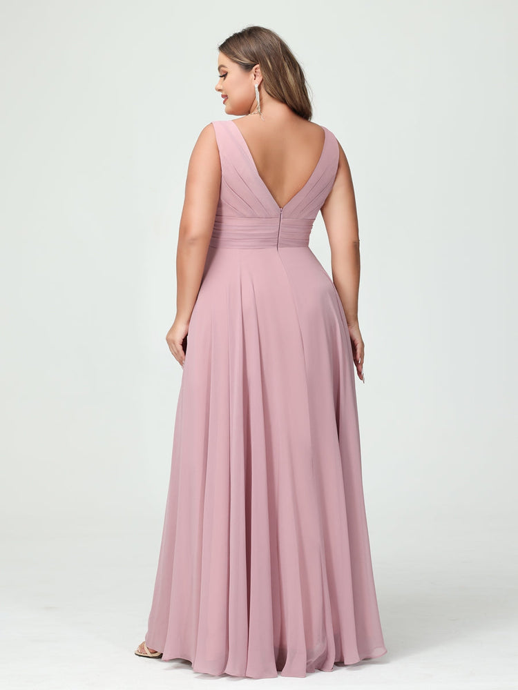 Plus Size Chiffon Bridesmaid Dress with V-Neck, Ruffles, and Pockets in A-Line/Princess Style