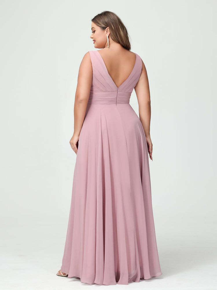 Plus Size Chiffon Bridesmaid Dress with V-Neck, Ruffles, and Pockets in A-Line/Princess Style