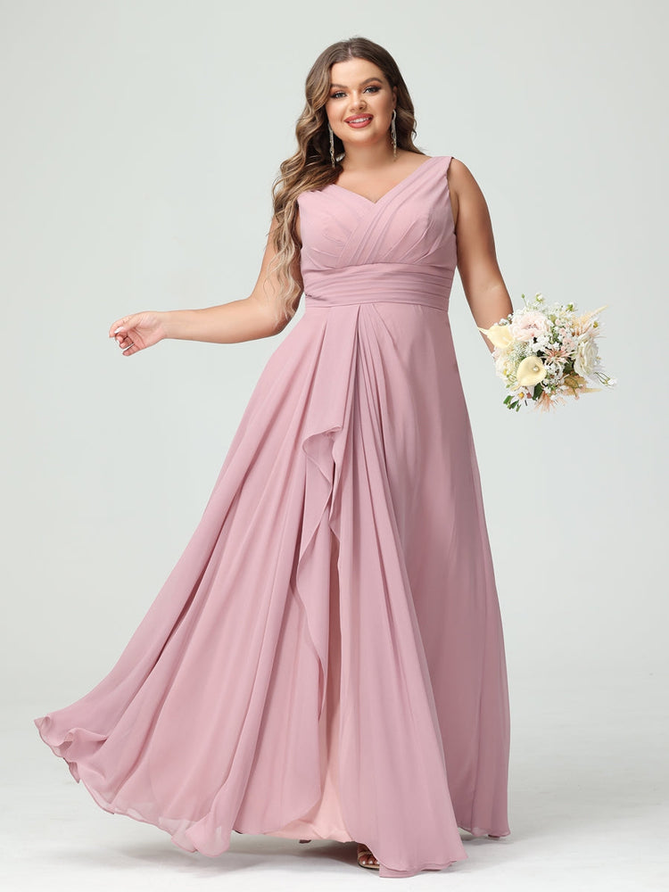 Plus Size Chiffon Bridesmaid Dress with V-Neck, Ruffles, and Pockets in A-Line/Princess Style