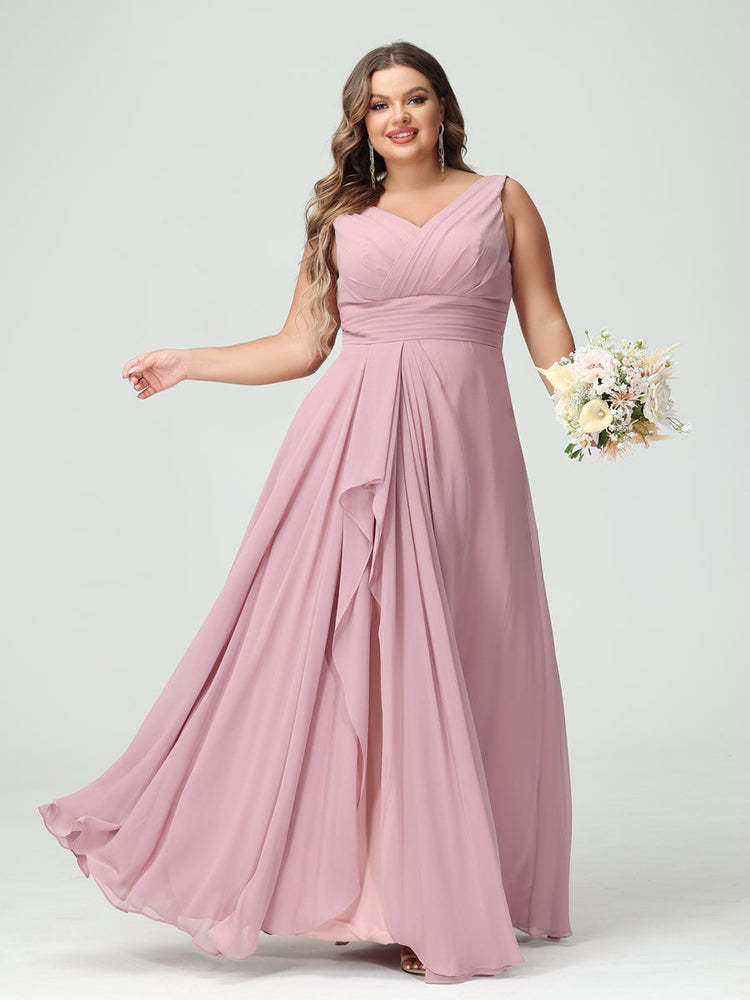 Plus Size Chiffon Bridesmaid Dress with V-Neck, Ruffles, and Pockets in A-Line/Princess Style