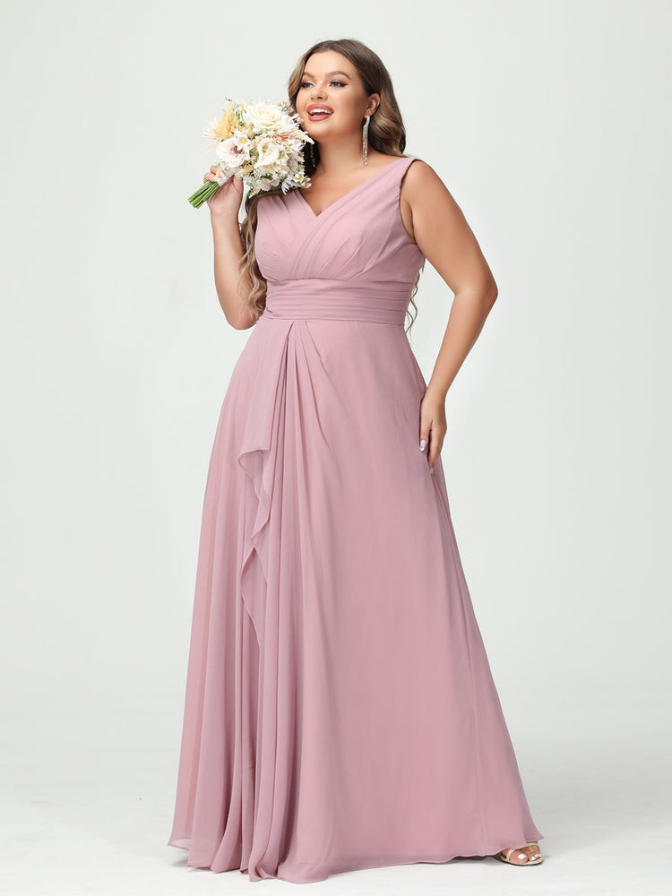 Plus Size Chiffon Bridesmaid Dress with V-Neck, Ruffles, and Pockets in A-Line/Princess Style