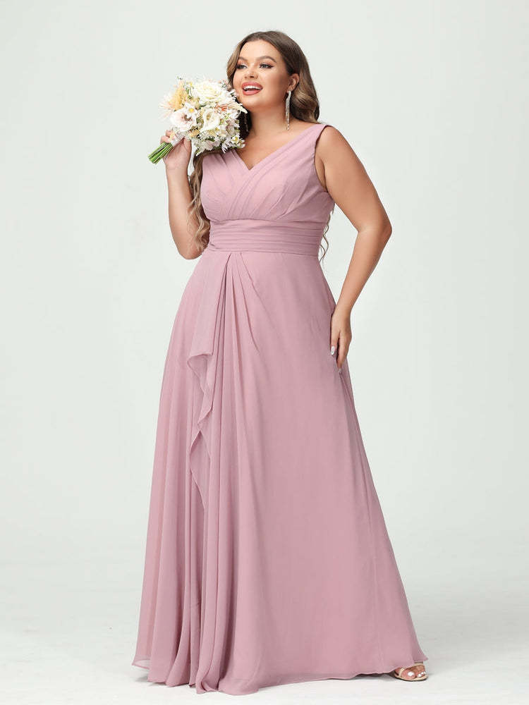 Plus Size Chiffon Bridesmaid Dress with V-Neck, Ruffles, and Pockets in A-Line/Princess Style