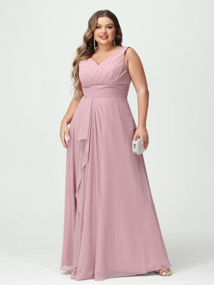 Plus Size Chiffon Bridesmaid Dress with V-Neck, Ruffles, and Pockets in A-Line/Princess Style