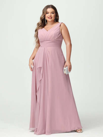 Plus Size Chiffon Bridesmaid Dress with V-Neck, Ruffles, and Pockets in A-Line/Princess Style