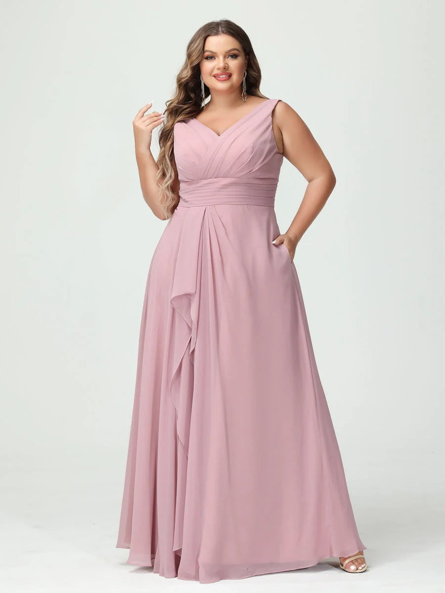 Plus Size Chiffon Bridesmaid Dress with V-Neck, Ruffles, and Pockets in A-Line/Princess Style