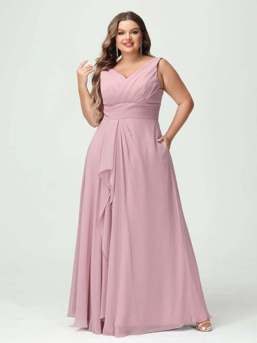 Plus Size Chiffon Bridesmaid Dress with V-Neck, Ruffles, and Pockets in A-Line/Princess Style