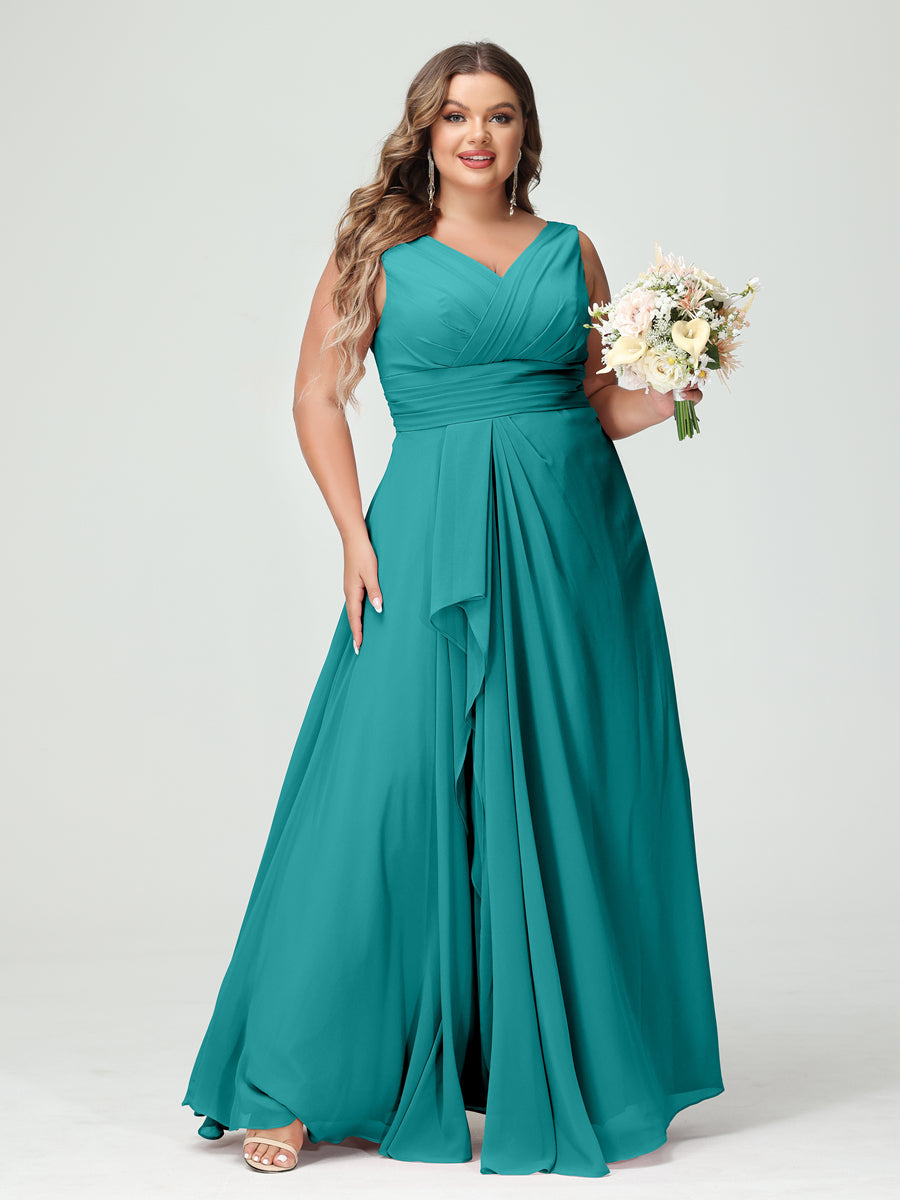 Plus Size Chiffon Bridesmaid Dress with V-Neck, Ruffles, and Pockets in A-Line/Princess Style