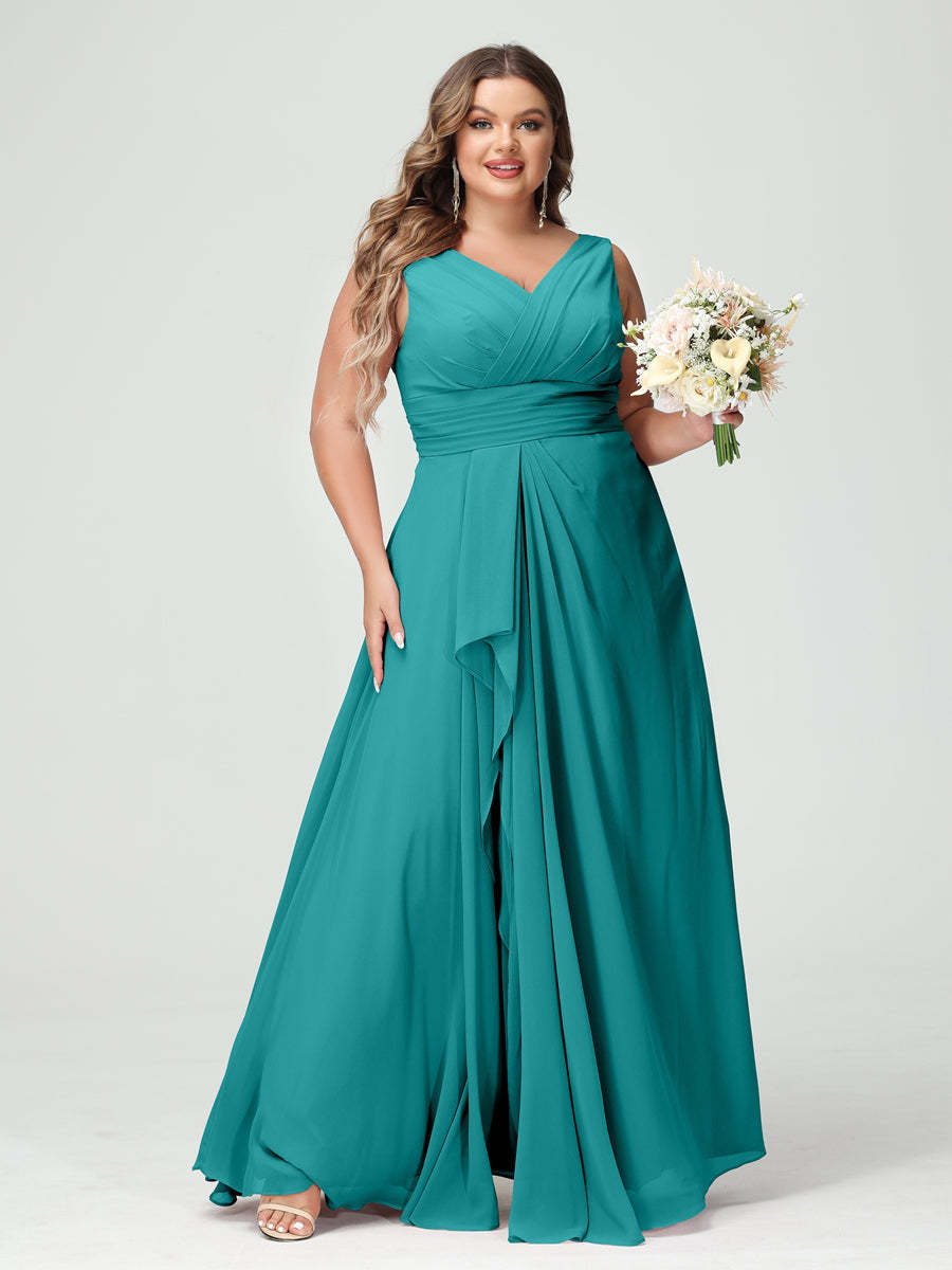 Plus Size Chiffon Bridesmaid Dress with V-Neck, Ruffles, and Pockets in A-Line/Princess Style