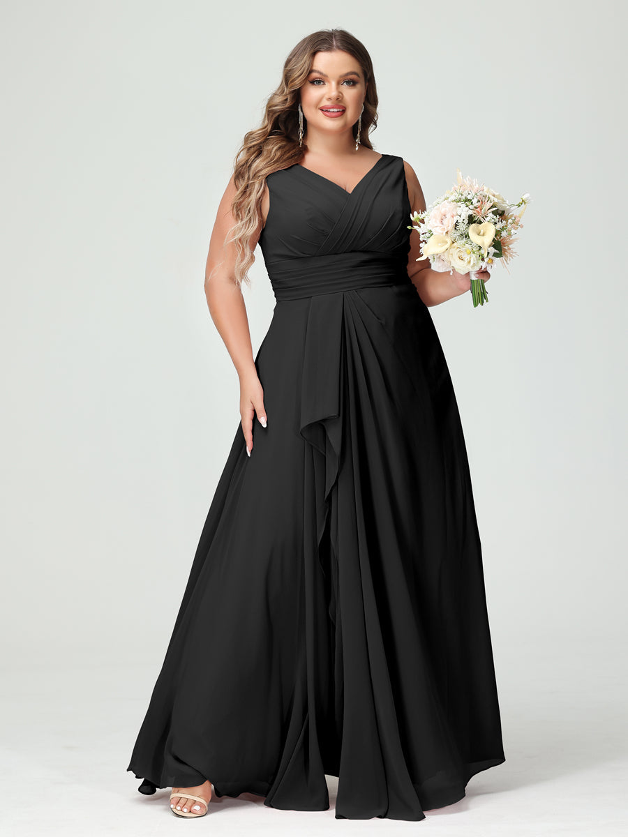 Plus Size Chiffon Bridesmaid Dress with V-Neck, Ruffles, and Pockets in A-Line/Princess Style