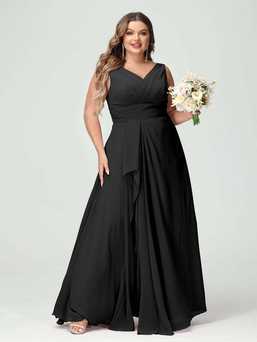 Plus Size Chiffon Bridesmaid Dress with V-Neck, Ruffles, and Pockets in A-Line/Princess Style