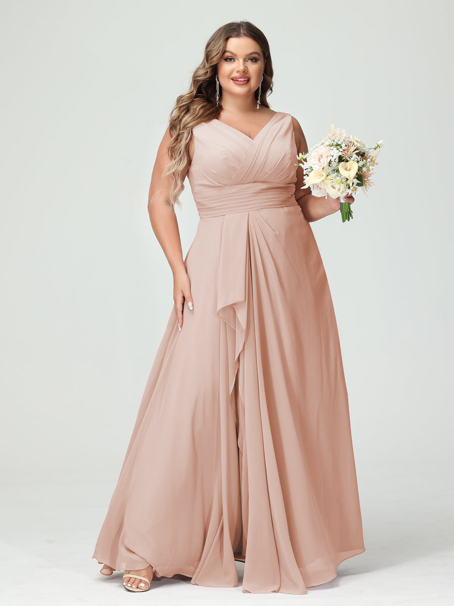 Plus Size Chiffon Bridesmaid Dress with V-Neck, Ruffles, and Pockets in A-Line/Princess Style