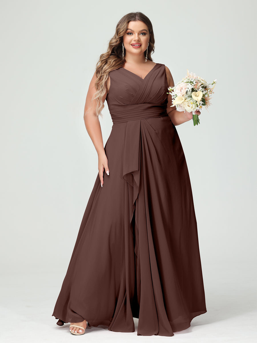 Plus Size Chiffon Bridesmaid Dress with V-Neck, Ruffles, and Pockets in A-Line/Princess Style