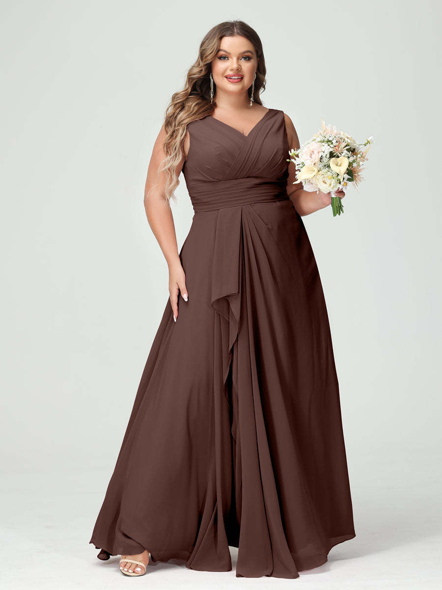 Plus Size Chiffon Bridesmaid Dress with V-Neck, Ruffles, and Pockets in A-Line/Princess Style
