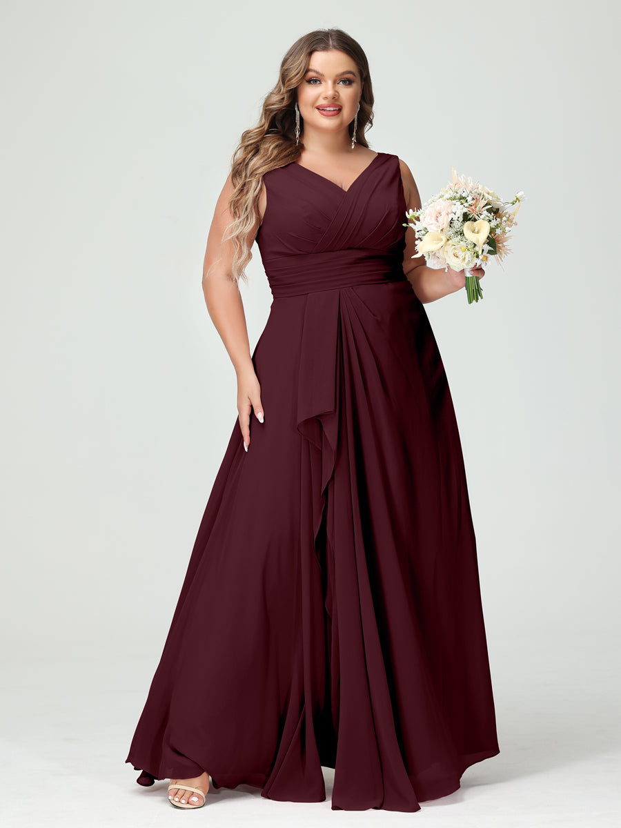 Plus Size Chiffon Bridesmaid Dress with V-Neck, Ruffles, and Pockets in A-Line/Princess Style