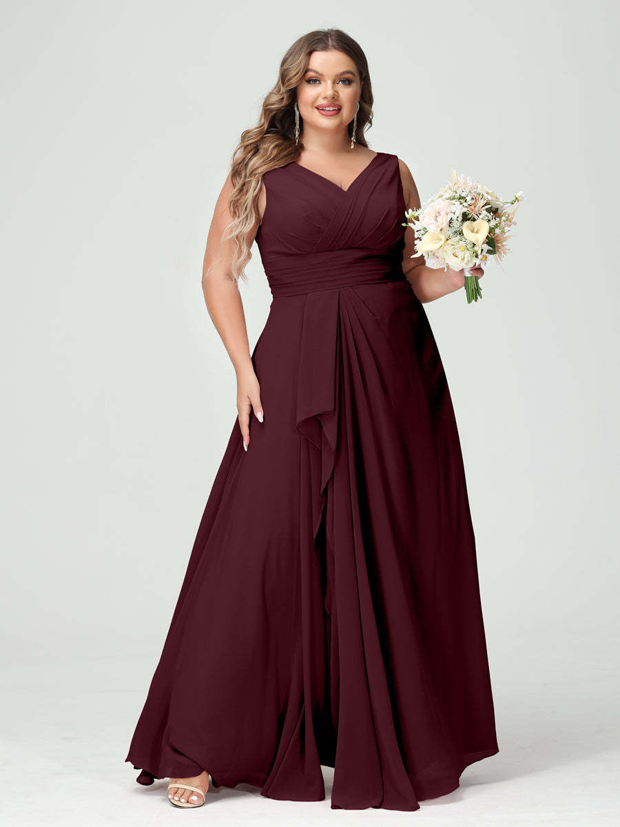 Plus Size Chiffon Bridesmaid Dress with V-Neck, Ruffles, and Pockets in A-Line/Princess Style