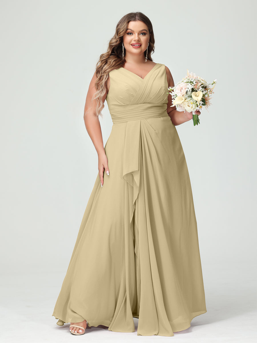Plus Size Chiffon Bridesmaid Dress with V-Neck, Ruffles, and Pockets in A-Line/Princess Style
