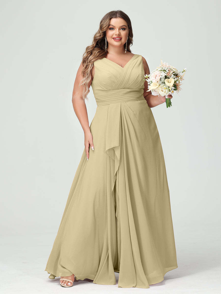 Plus Size Chiffon Bridesmaid Dress with V-Neck, Ruffles, and Pockets in A-Line/Princess Style