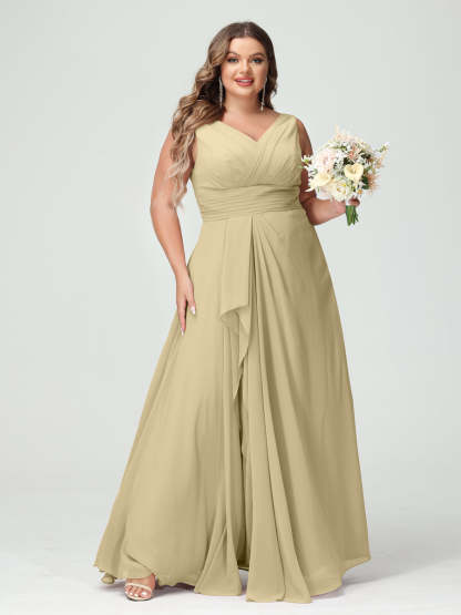 Plus Size Chiffon Bridesmaid Dress with V-Neck, Ruffles, and Pockets in A-Line/Princess Style