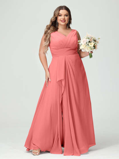 Plus Size Chiffon Bridesmaid Dress with V-Neck, Ruffles, and Pockets in A-Line/Princess Style