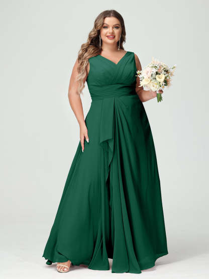 Plus Size Chiffon Bridesmaid Dress with V-Neck, Ruffles, and Pockets in A-Line/Princess Style