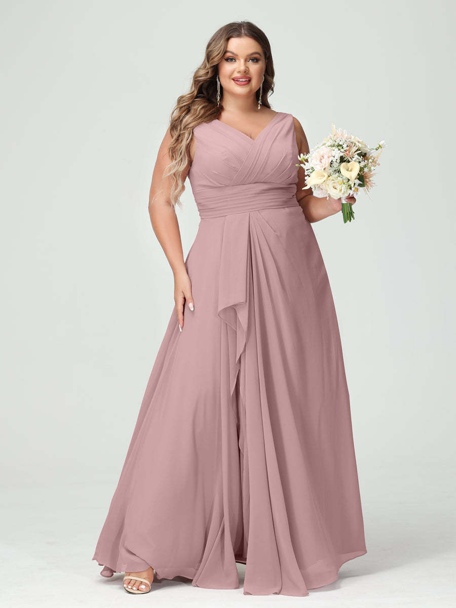Plus Size Chiffon Bridesmaid Dress with V-Neck, Ruffles, and Pockets in A-Line/Princess Style