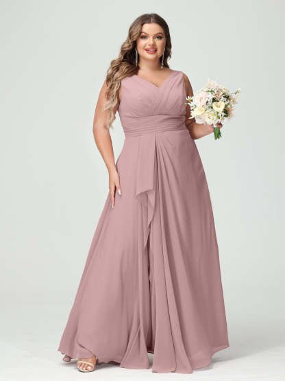 Plus Size Chiffon Bridesmaid Dress with V-Neck, Ruffles, and Pockets in A-Line/Princess Style