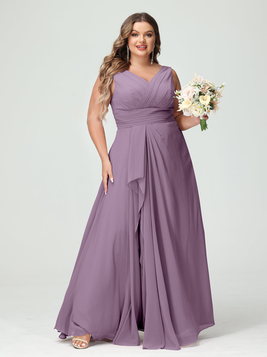 Plus Size Chiffon Bridesmaid Dress with V-Neck, Ruffles, and Pockets in A-Line/Princess Style